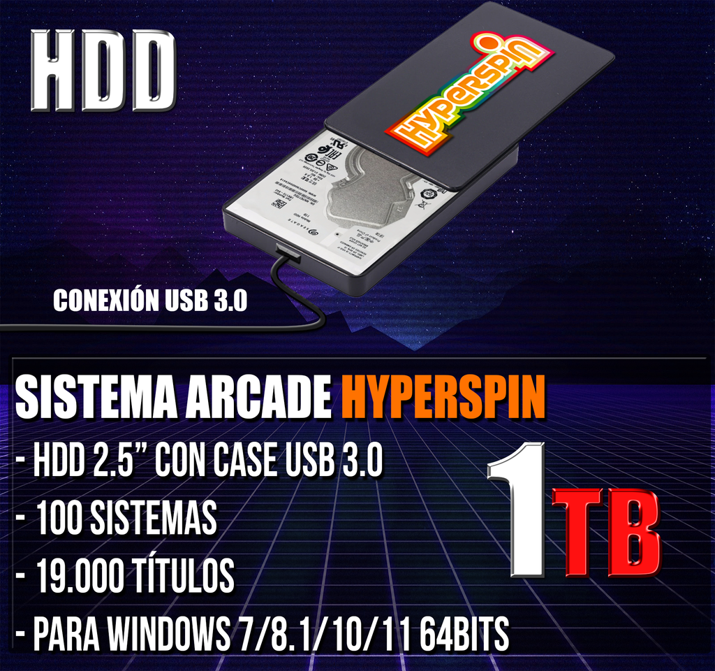 HYPERSPIN DISCO HDD 1TB 2.5" 92 SISTEMAS 16.000 TITULOS