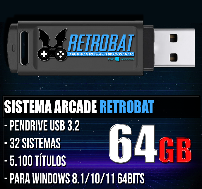 SISTEMA ARCADE RETROBAT PENDRIVE 64GB  5100 TÍTULOS